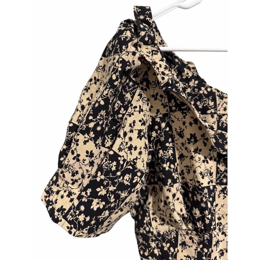 Anthropologie Ruffled Puff Sleeve Floral Smocked Dress   Tan/Black Womens Size 8 - Picture 7 of 12